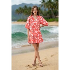 Magaschoni Red White Abstract Print 100% Linen Balloon Sleeve Mini Dress XS